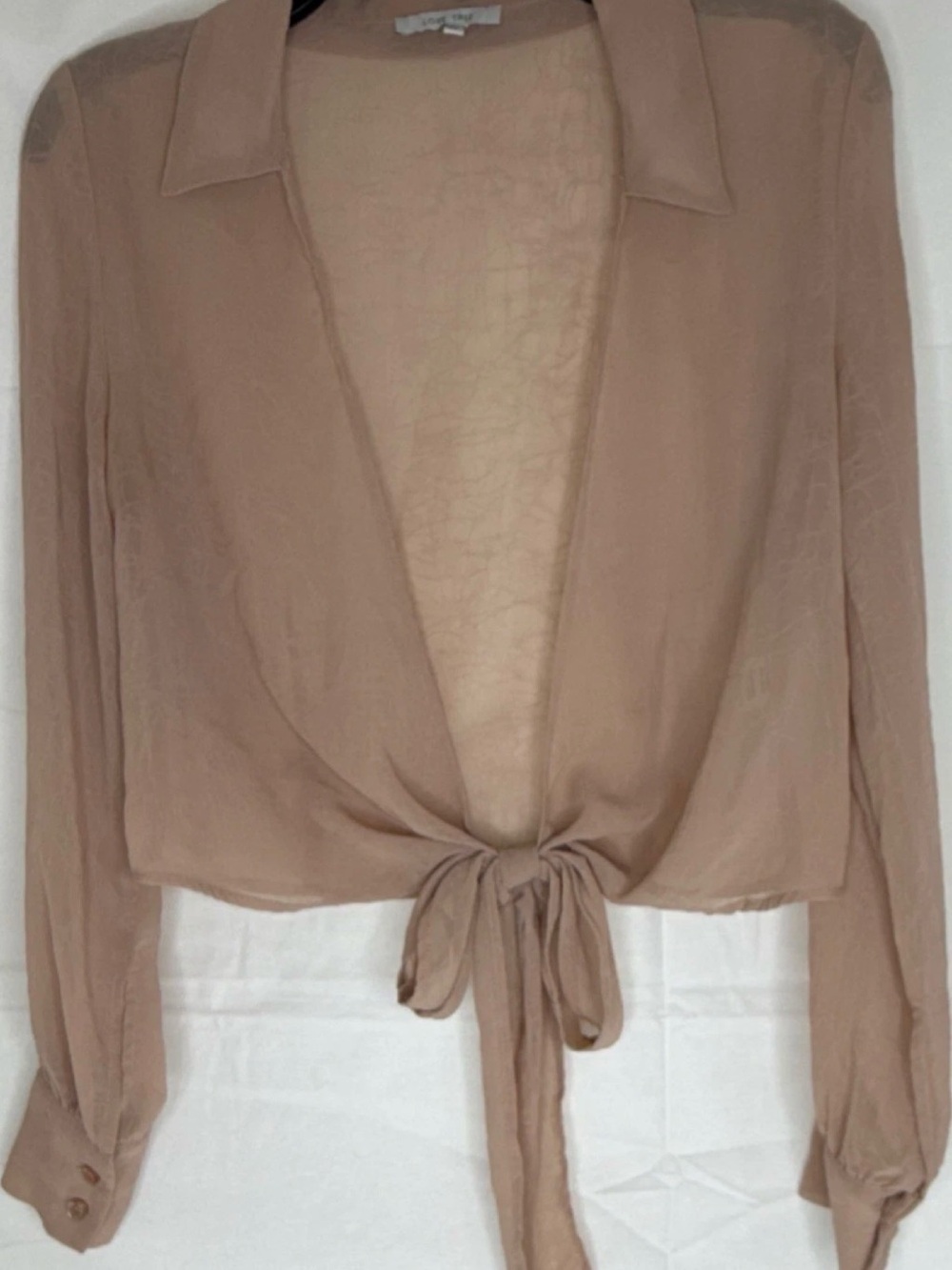 Love Tree Beige Tie-Front Collared Chiffon Cropped Blouse Long Sleeve M